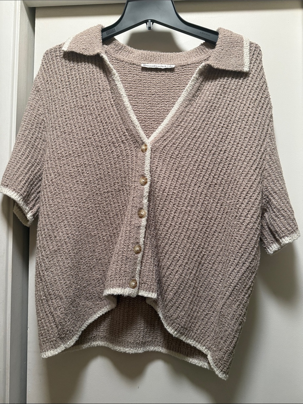 Abercrombie & Fitch Taupe Short-Sleeve Button Cardigan with Ivory Trim